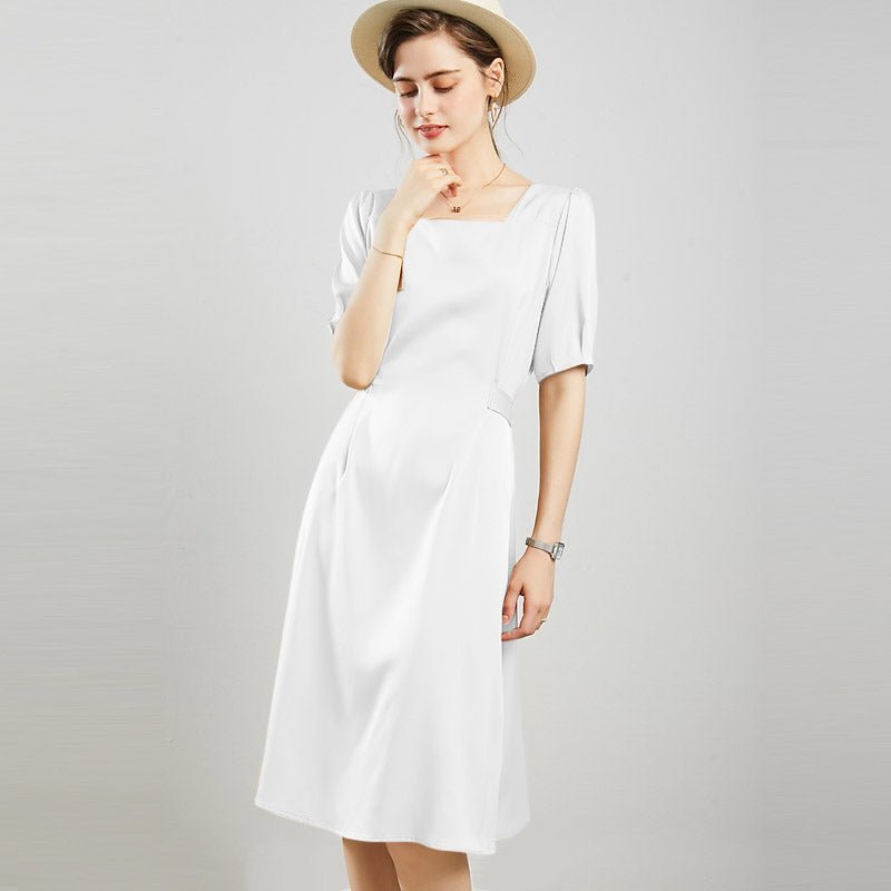 Womens Square Neck Silk Dress Puff Sleeves Silk Midi Dress White XS