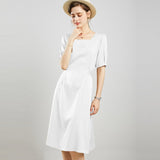 Womens Square Neck Silk Dress Puff Sleeves Silk Midi Dress White XS