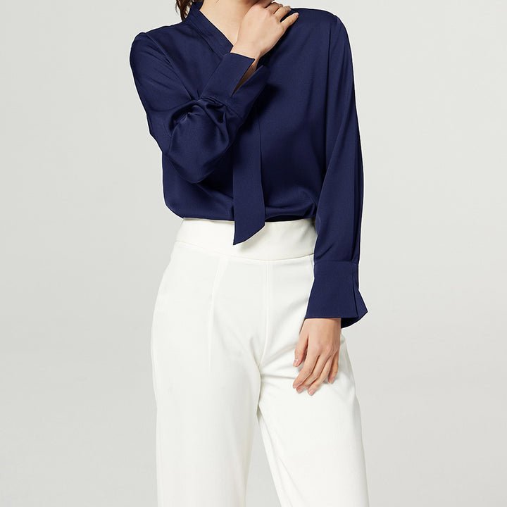 Ladies Pure Silk Shirt Mulberry Ribbon Work Silk Blouse Tops Navy Blue XS