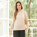 Ladies Silk Blouse Ruffle Collar Mulberry Office Work Silk Shirts Champagne XS