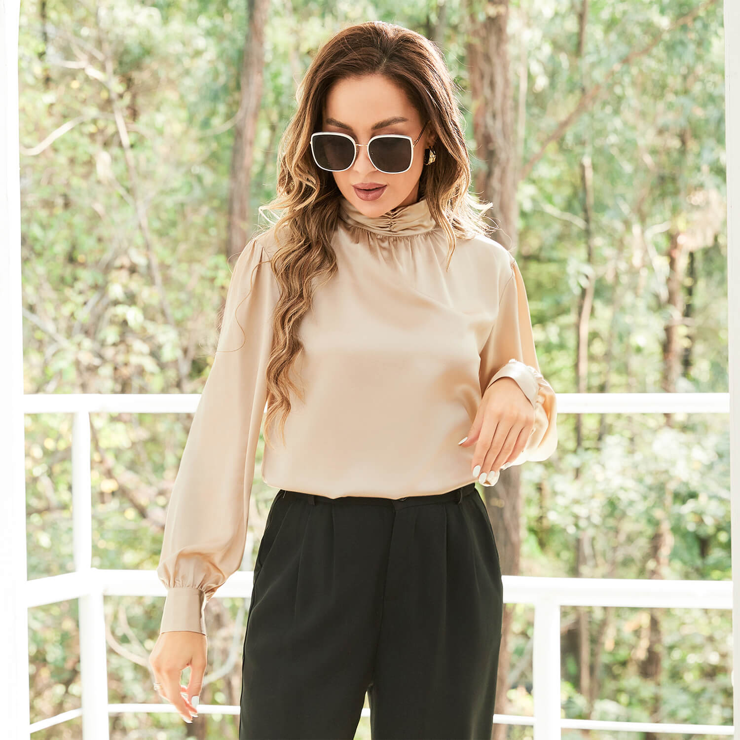 Ladies Silk Blouse Ruffle Collar Mulberry Office Work Silk Shirts Champagne XS