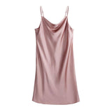 Lady Sexy Silk Nightgown Cowl Neck Backless Slip Dress Rosy Pink XS