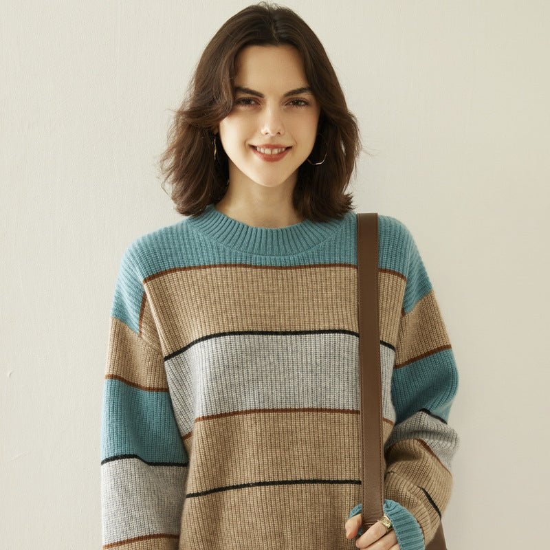 Lady Striped Cashmere Sweater Crewneck Colorblock Knit Drop Shoulder Blue XS