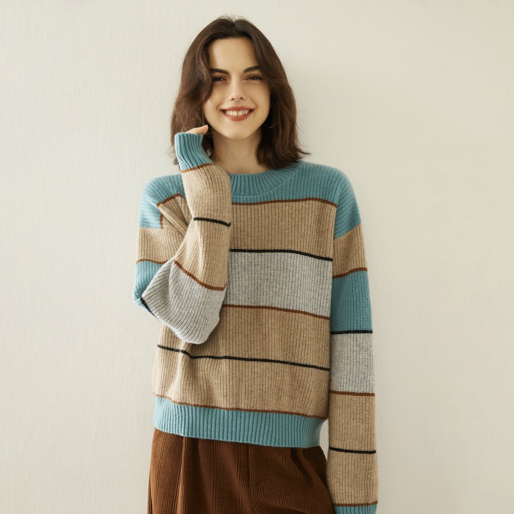 Lady Striped Cashmere Sweater Crewneck Colorblock Knit Drop Shoulder Blue XS