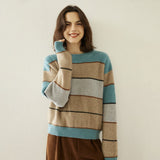 Lady Striped Cashmere Sweater Crewneck Colorblock Knit Drop Shoulder Blue XS