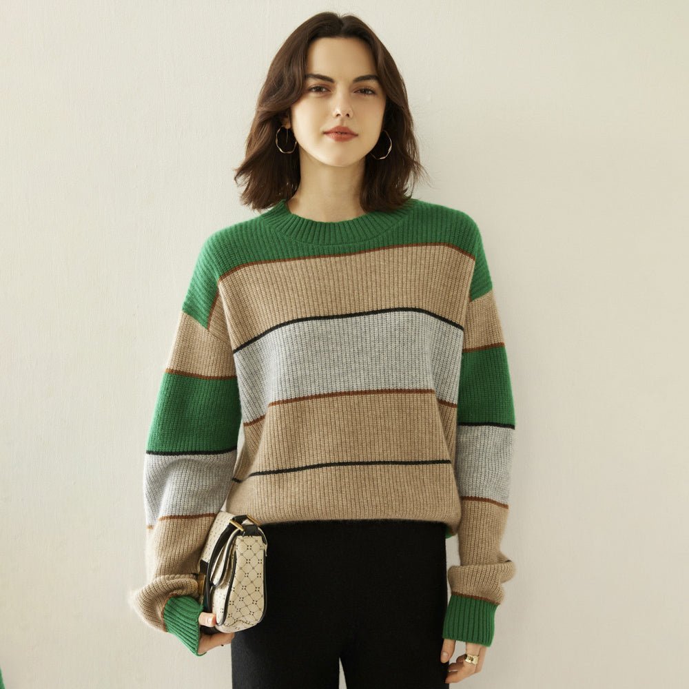 Lady Striped Cashmere Sweater Crewneck Colorblock Knit Drop Shoulder Green XS