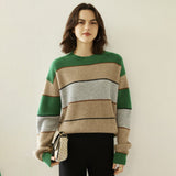 Lady Striped Cashmere Sweater Crewneck Colorblock Knit Drop Shoulder Green XS