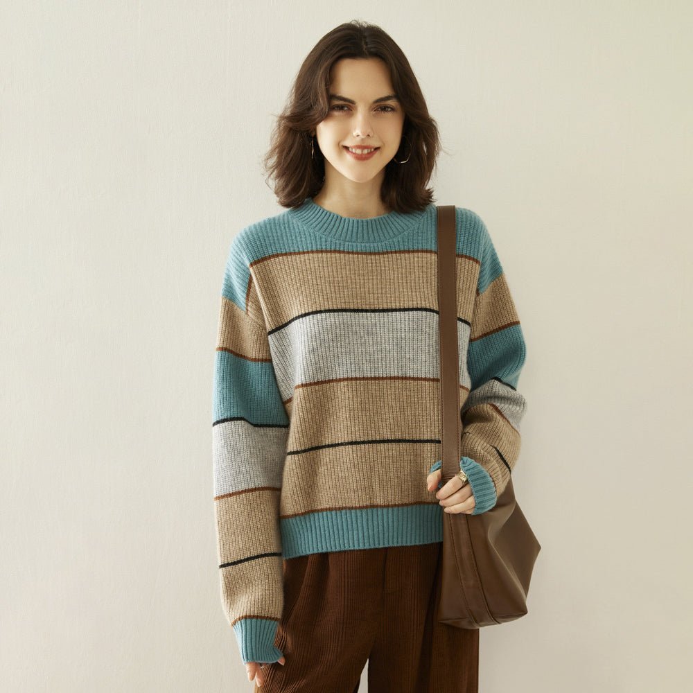 Lady Striped Cashmere Sweater Crewneck Colorblock Knit Drop Shoulder Blue XS