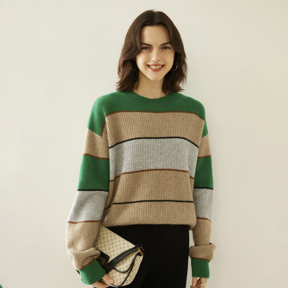 Lady Striped Cashmere Sweater Crewneck Colorblock Knit Drop Shoulder Green XS