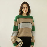 Lady Striped Cashmere Sweater Crewneck Colorblock Knit Drop Shoulder Green XS