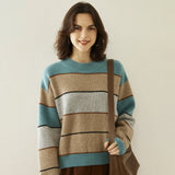 Lady Striped Cashmere Sweater Crewneck Colorblock Knit Drop Shoulder Blue XS