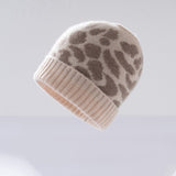Leopard Jacquard Cashmere Beanie for Women Rib Knit Cashmere Hat Beige M
