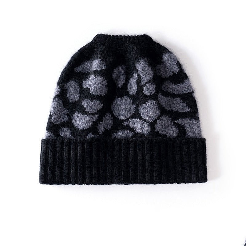 Leopard Jacquard Cashmere Beanie for Women Rib Knit Cashmere Hat Black M