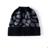 Leopard Jacquard Cashmere Beanie for Women Rib Knit Cashmere Hat Black M