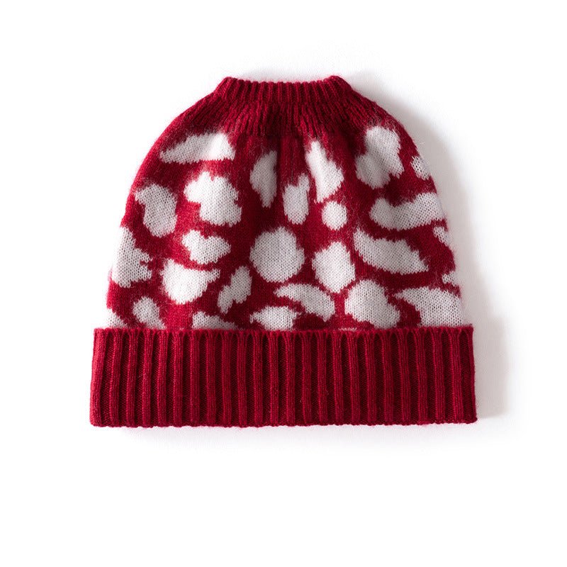 Leopard Jacquard Cashmere Beanie for Women Rib Knit Cashmere Hat Claret M