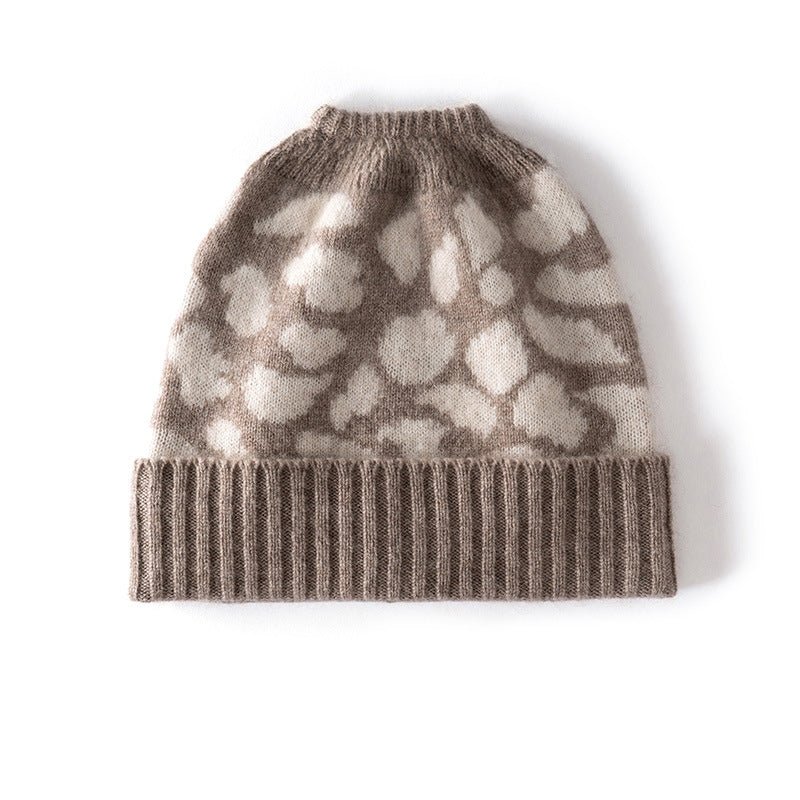 Leopard Jacquard Cashmere Beanie for Women Rib Knit Cashmere Hat Taupe M