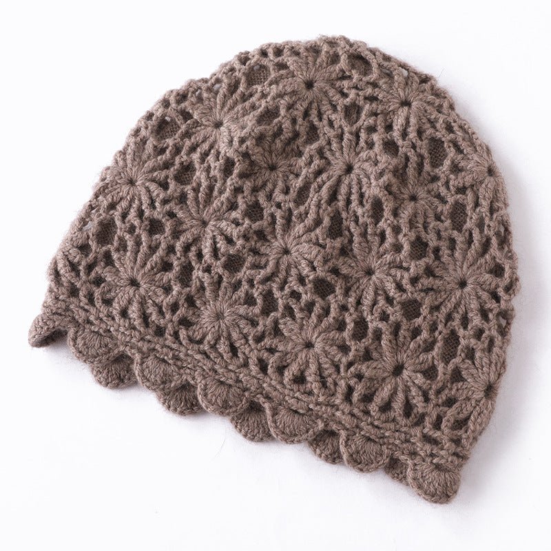 Lightweight Cashmere Floral Knit Cap Handmade Cashmere Beanie for Women Taupe M