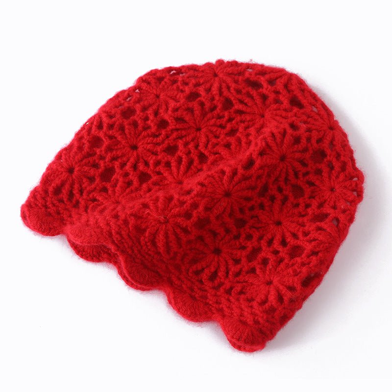 Lightweight Cashmere Floral Knit Cap Handmade Cashmere Beanie for Women Red M