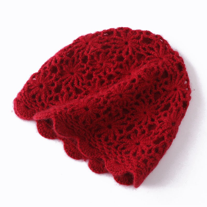 Lightweight Cashmere Floral Knit Cap Handmade Cashmere Beanie for Women Claret M