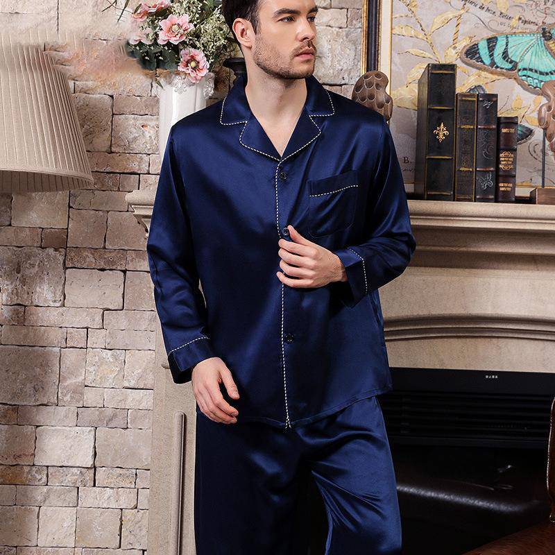 Long Best Mens Silk Pajamas Set Comfortable Silk Sleepwear Blue M