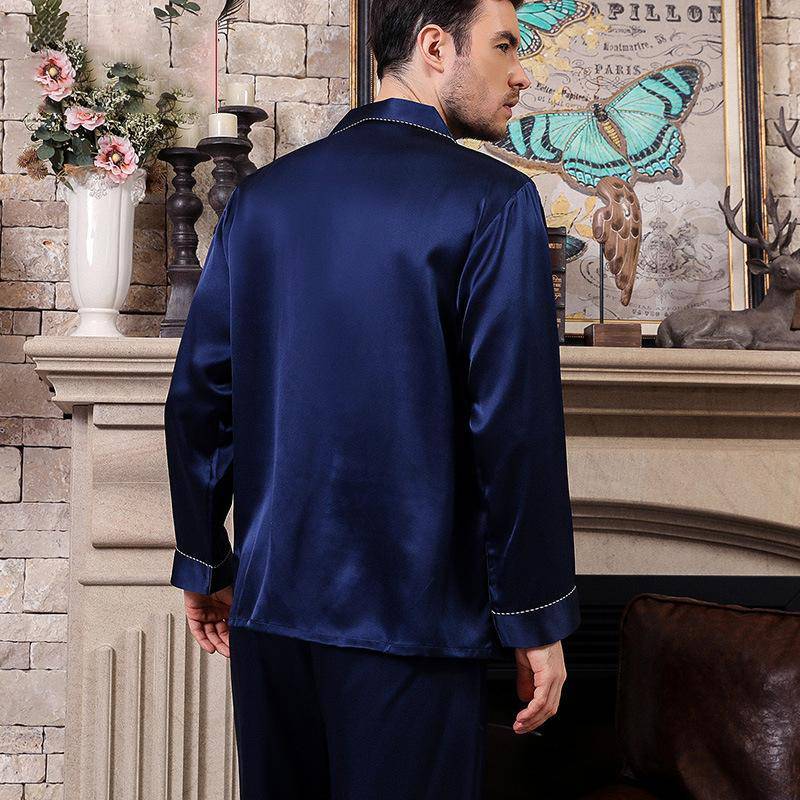 Long Best Mens Silk Pajamas Set Comfortable Silk Sleepwear Blue M