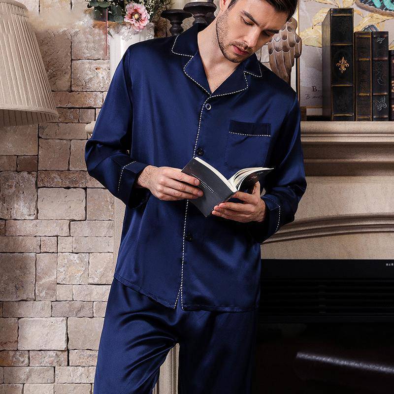 Long Best Mens Silk Pajamas Set Comfortable Silk Sleepwear Blue M