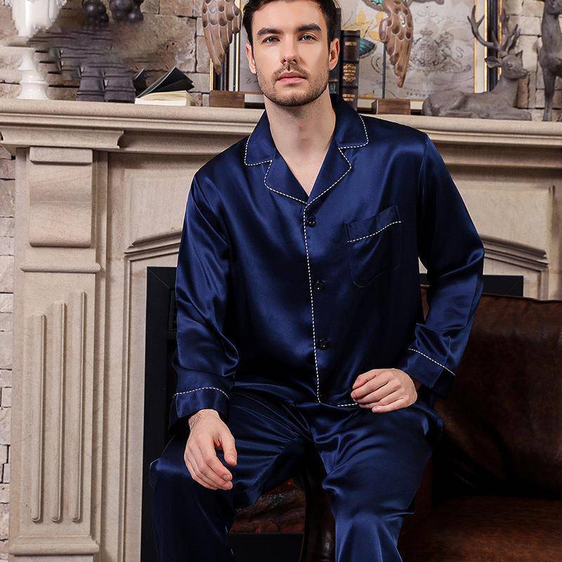 Long Best Mens Silk Pajamas Set Comfortable Silk Sleepwear Blue M