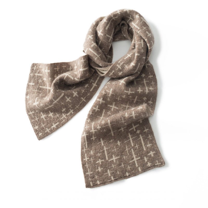 Pure Cashmere Scarf With Reversible Geometric Pattern Double Layer Taupe M