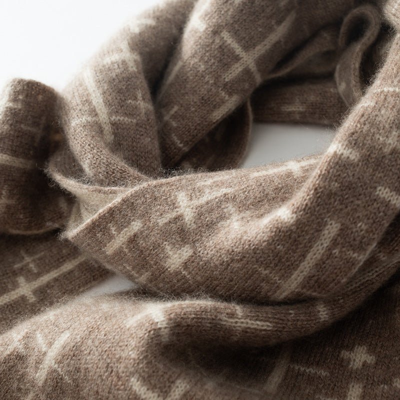 Pure Cashmere Scarf With Reversible Geometric Pattern Double Layer Taupe M