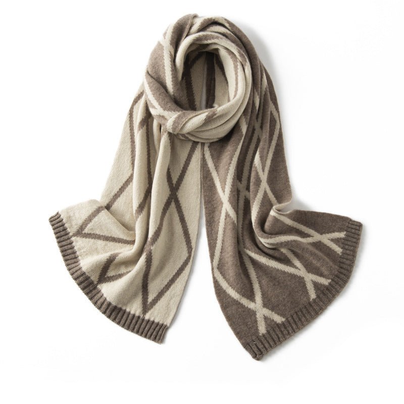 Geometric Cashmere Scarf With Diamond Pattern Winter Scarves Taupe L