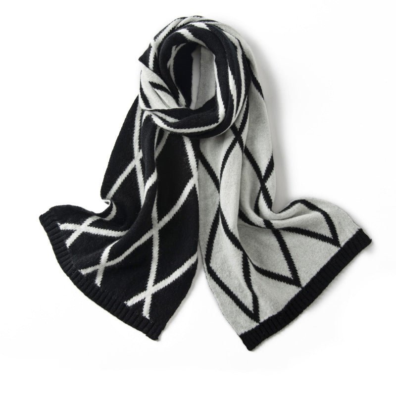 Geometric Cashmere Scarf With Diamond Pattern Winter Scarves Black L