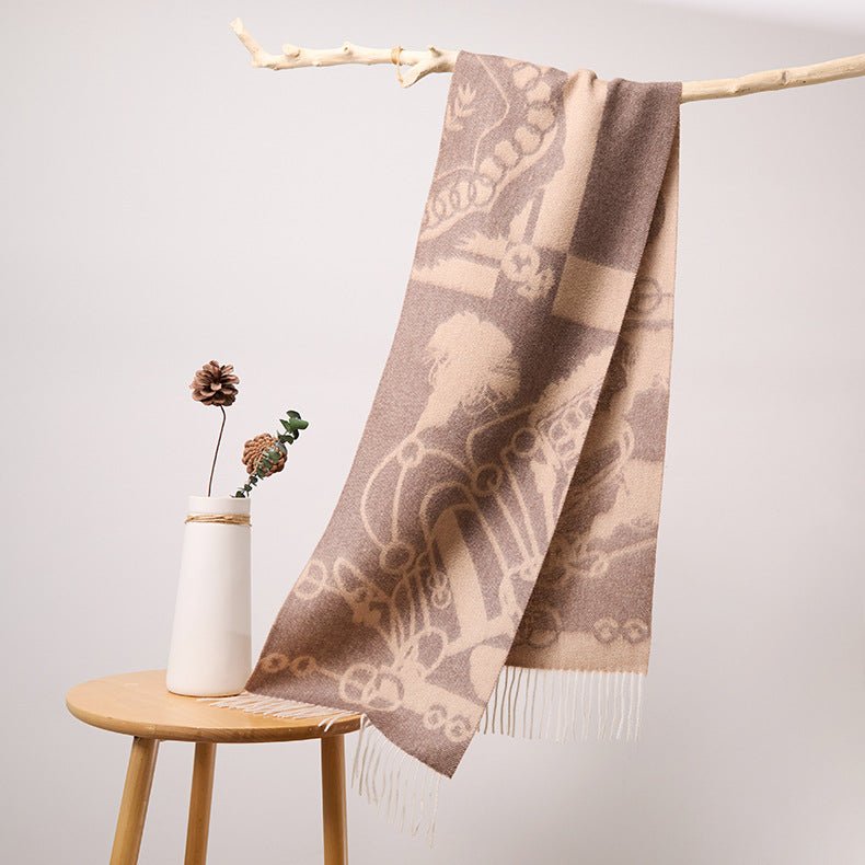 Long Pure Cashmere Fringed Scarf With Intricate Pattern Cashmere Warps Coffee L