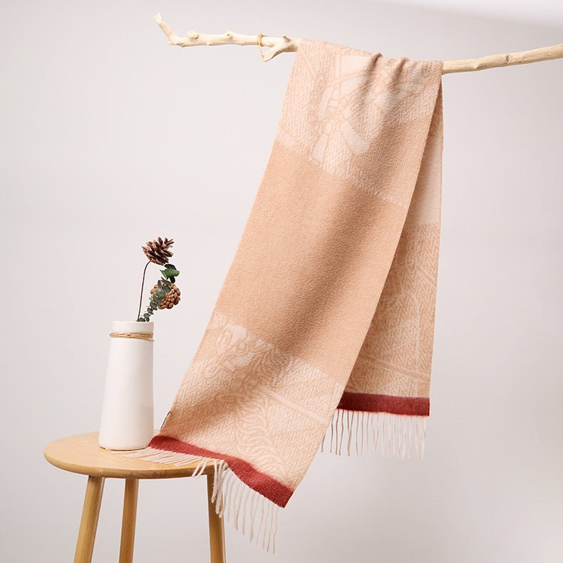 Long Pure Cashmere Fringed Scarf With Intricate Pattern Cashmere Warps Beige L