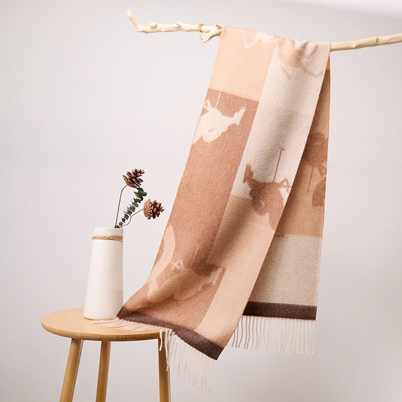 Long Pure Cashmere Fringed Scarf With Intricate Pattern Cashmere Warps Camel L
