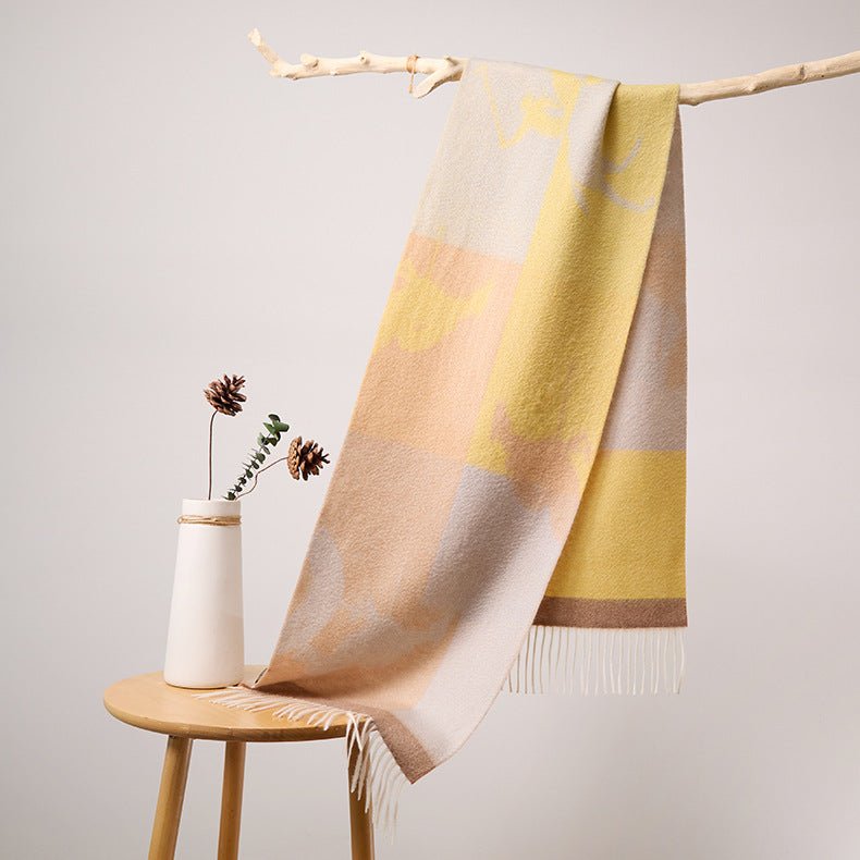 Long Pure Cashmere Fringed Scarf With Intricate Pattern Cashmere Warps Yellow L