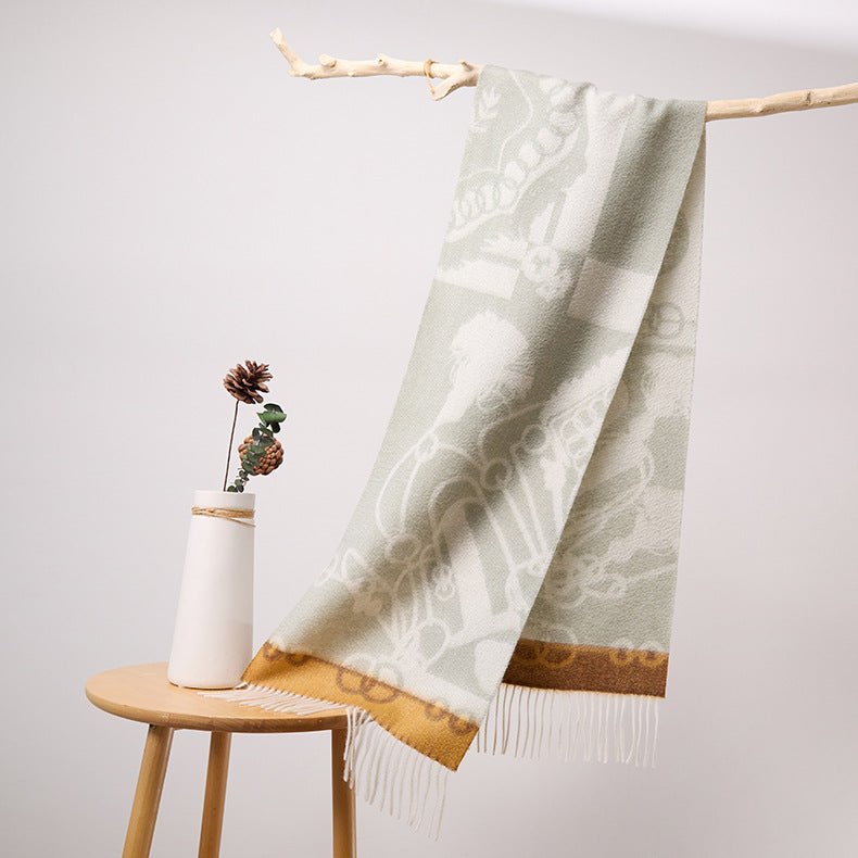 Long Pure Cashmere Fringed Scarf With Intricate Pattern Cashmere Warps Green L