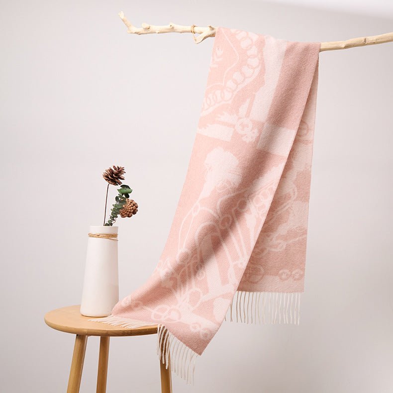 Long Pure Cashmere Fringed Scarf With Intricate Pattern Cashmere Warps Pink L