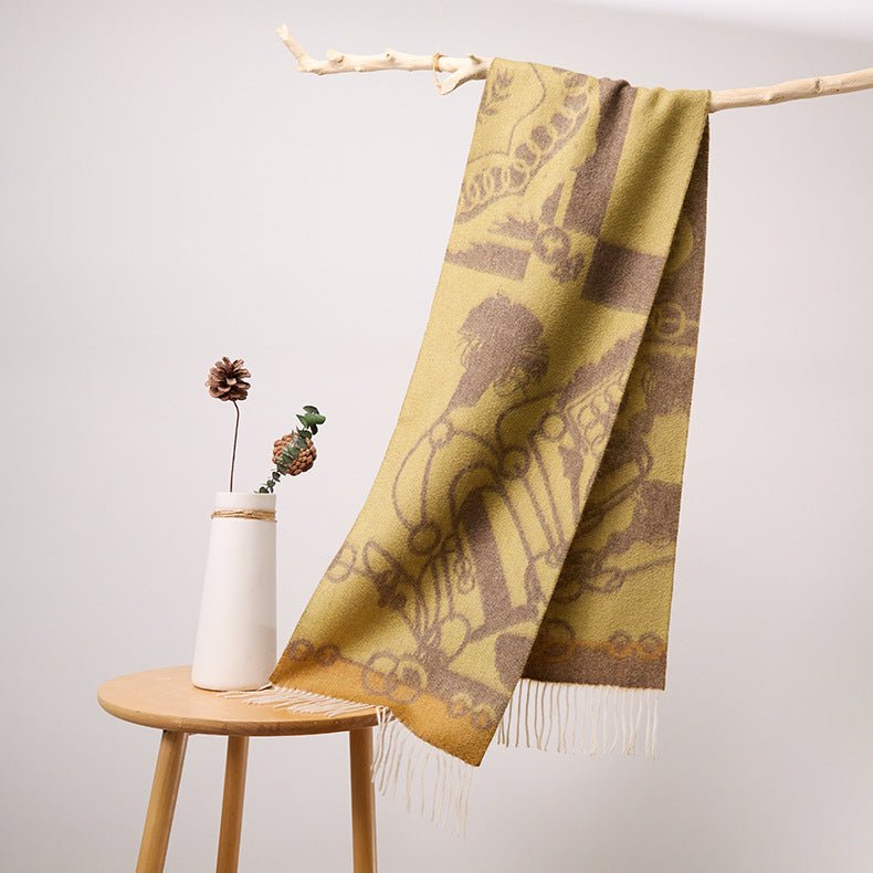 Long Pure Cashmere Fringed Scarf With Intricate Pattern Cashmere Warps Olive Green L