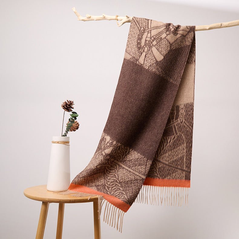 Long Pure Cashmere Fringed Scarf With Intricate Pattern Cashmere Warps Brown L