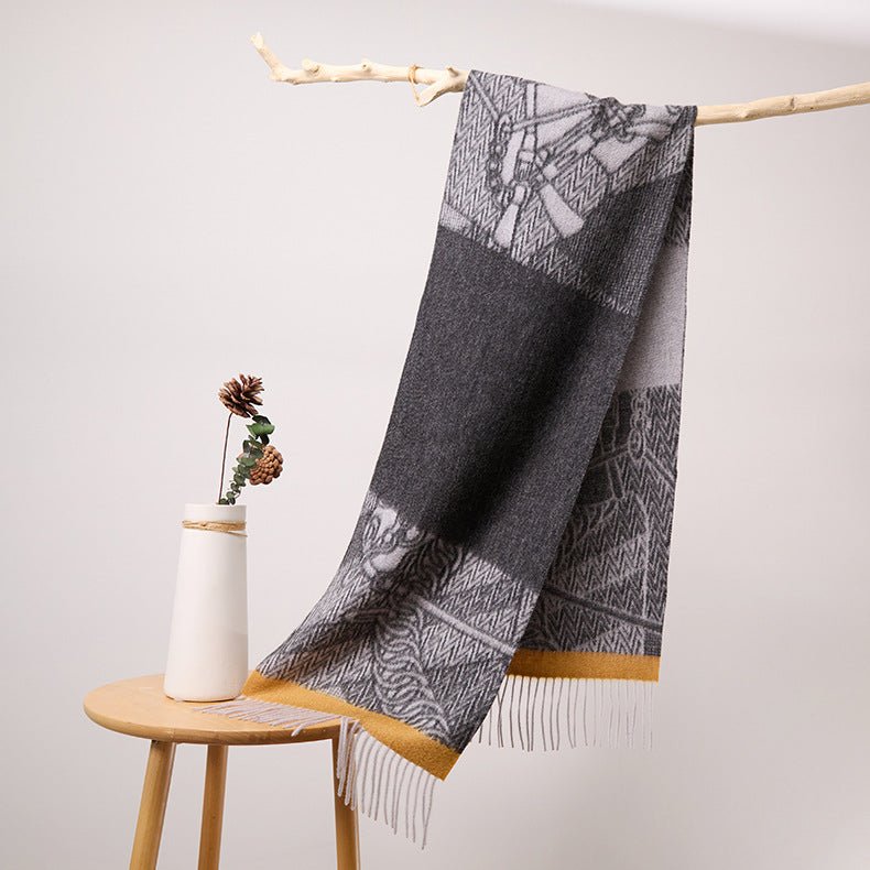 Long Pure Cashmere Fringed Scarf With Intricate Pattern Cashmere Warps Dark Gray L