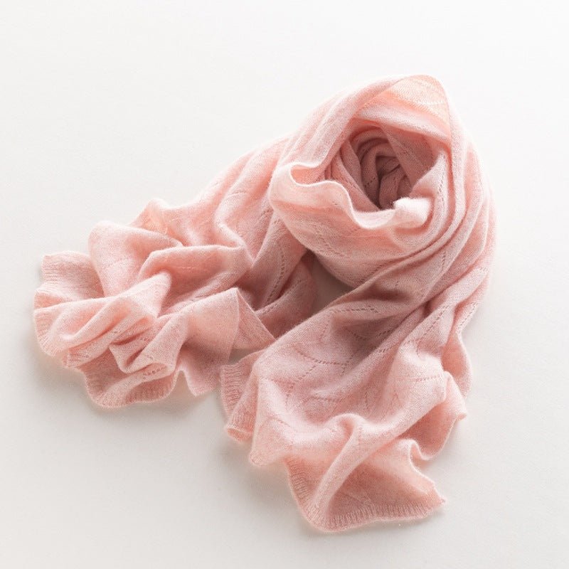 Long Pure Cashmere Leaf Pattern Scarf Knitted Cashmere Shawl And Wrap Pink L
