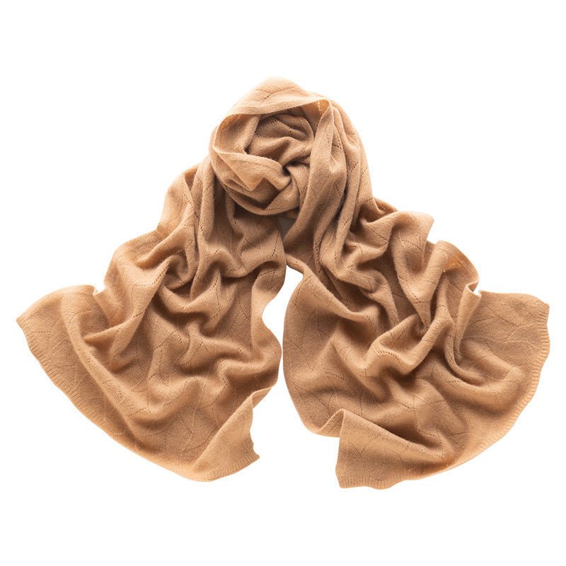 Long Pure Cashmere Leaf Pattern Scarf Knitted Cashmere Shawl And Wrap Camel L