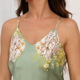 Long Flower Print Silk Nighdress Womens Sexy V Neck Nightgown Green XS