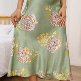Long Flower Print Silk Nighdress Womens Sexy V Neck Nightgown Green XS