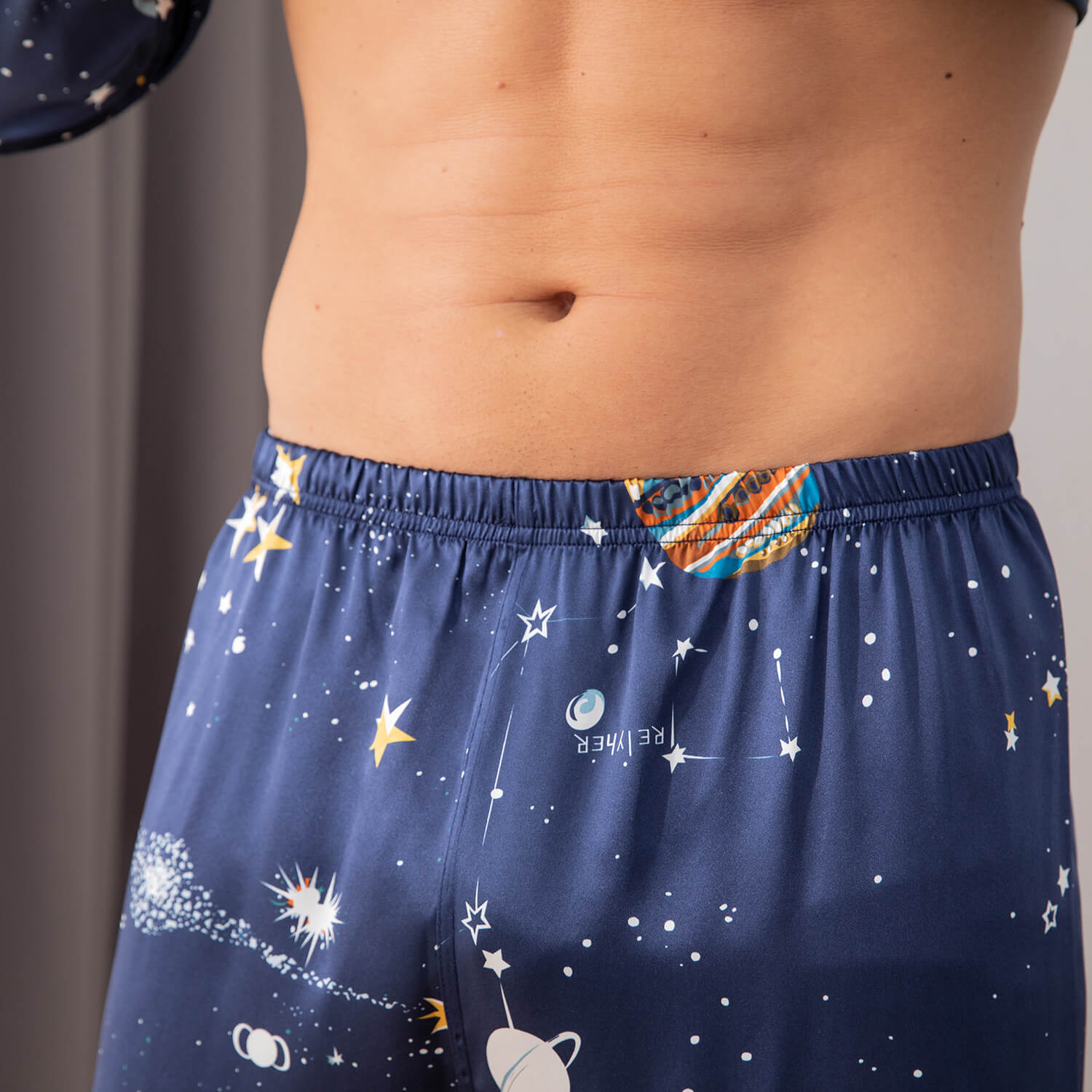 Long Galaxy Print Men Silk Pajama Set Luxury Silk Nightwear Navy Blue XS