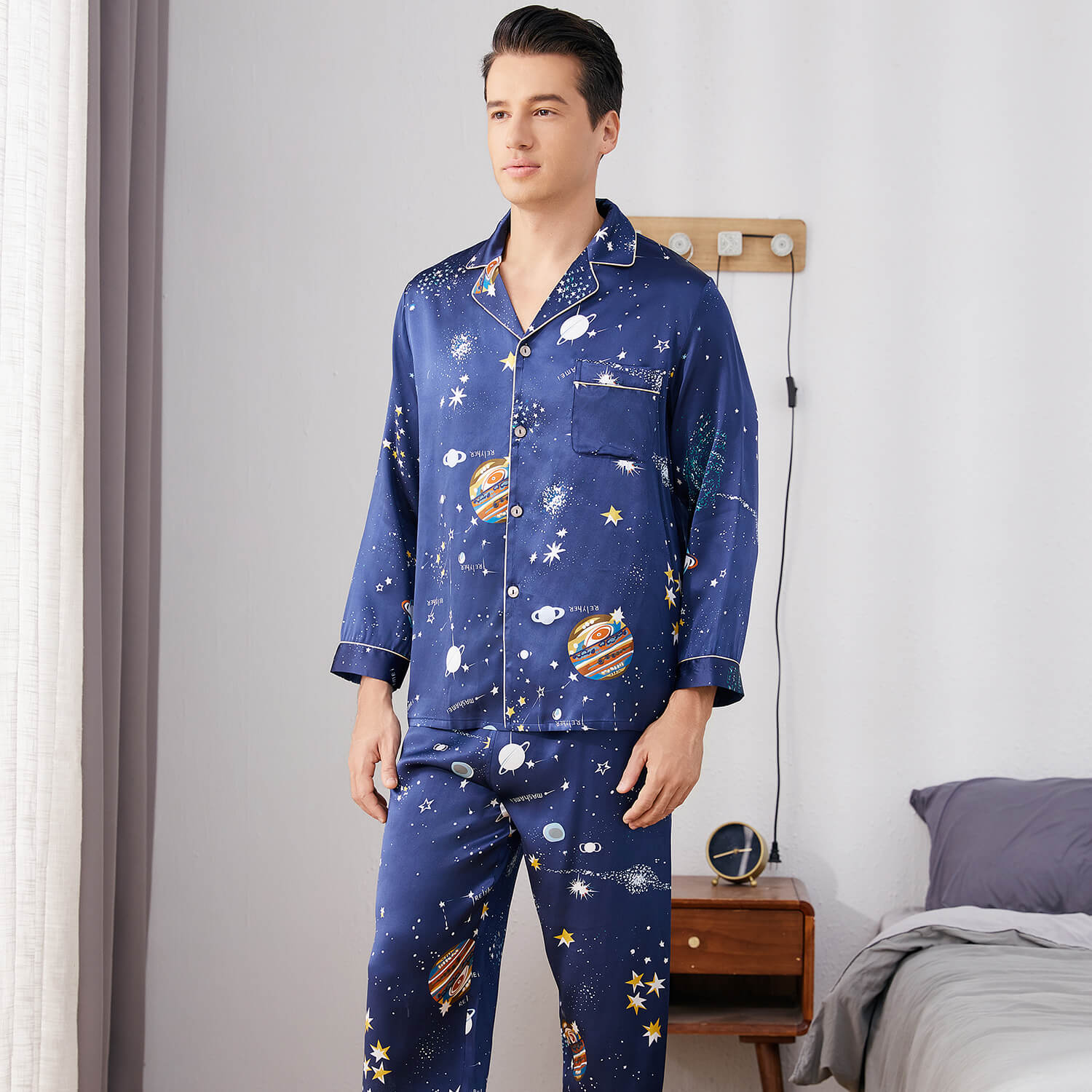 Long Galaxy Print Men Silk Pajama Set Luxury Silk Nightwear Navy Blue S