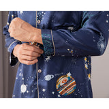 Long Galaxy Print Men Silk Pajama Set Luxury Silk Nightwear Navy Blue XS