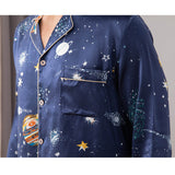 Long Galaxy Print Men Silk Pajama Set Luxury Silk Nightwear Navy Blue XS