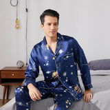 Long Galaxy Print Men Silk Pajama Set Luxury Silk Nightwear Navy Blue S