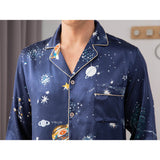 Long Galaxy Print Men Silk Pajama Set Luxury Silk Nightwear Navy Blue XS